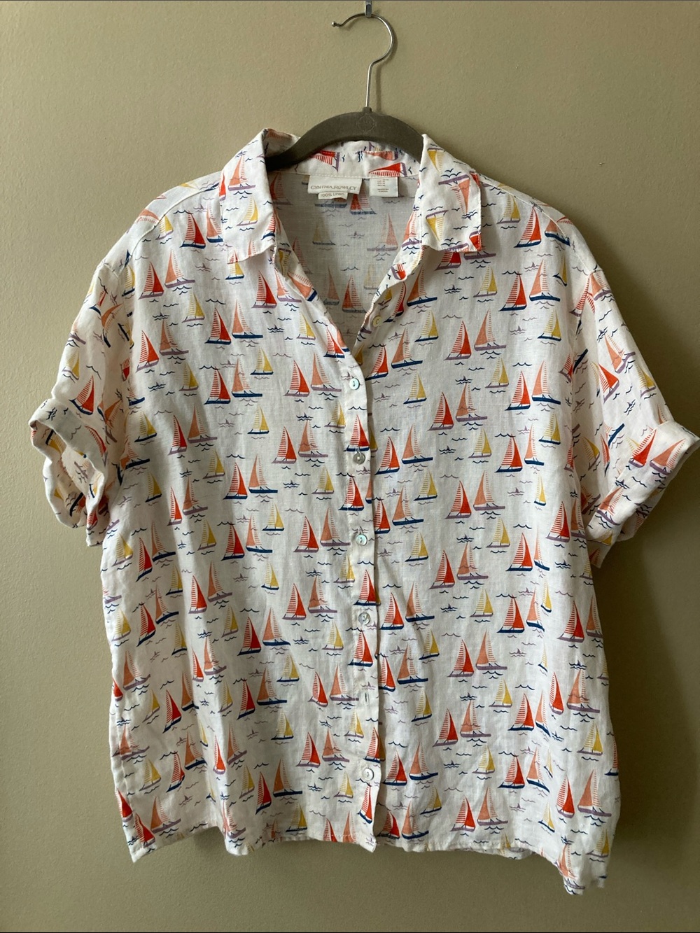 Linen White Short-Sleeve button-up blouse with Sailboat Print Summer